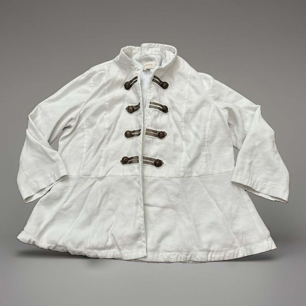Chico's White Military Jacket Women's Sz 2 Large Brass Button Open Front Blazer